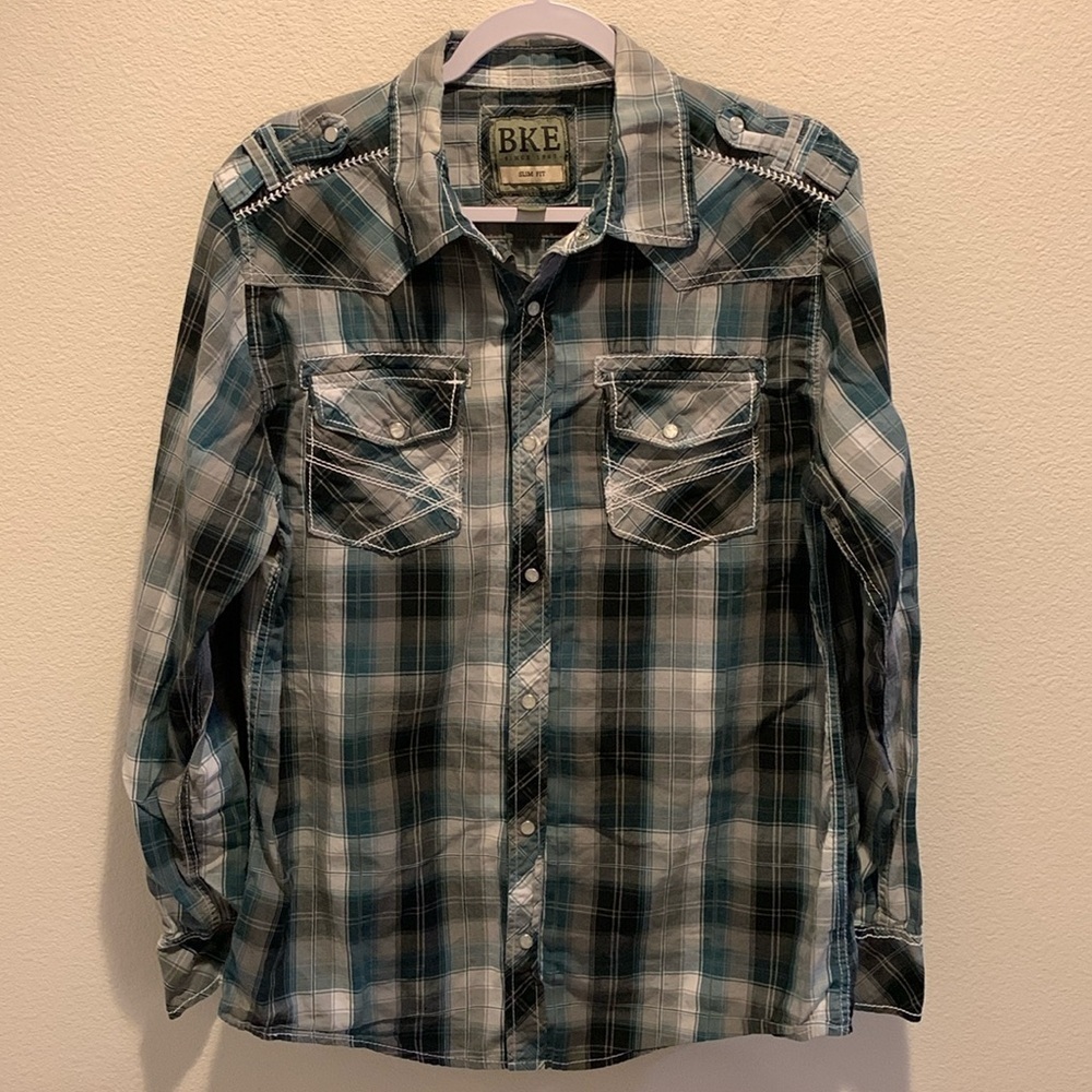 BKE Slim Fit Mens Western Style Cotton Shirt in Green, Gray, Black&White. Large.